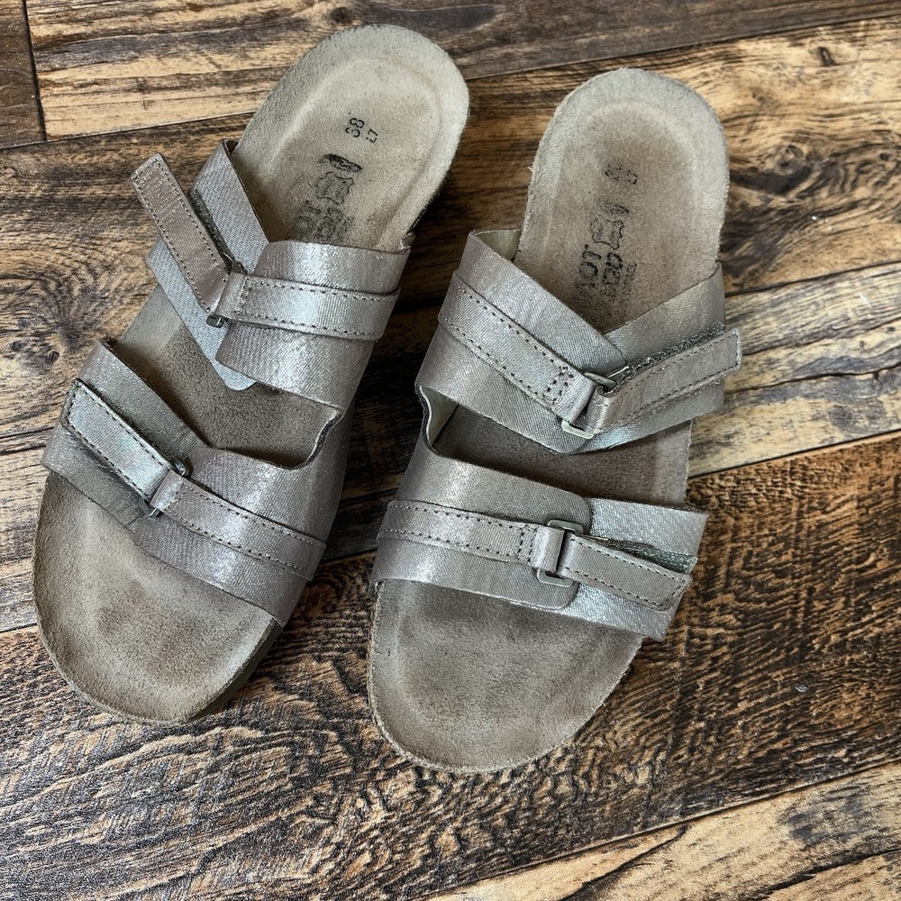 NAOT Slip On Sandals Women's Sz 7 Wedge Leather Slide Metallic